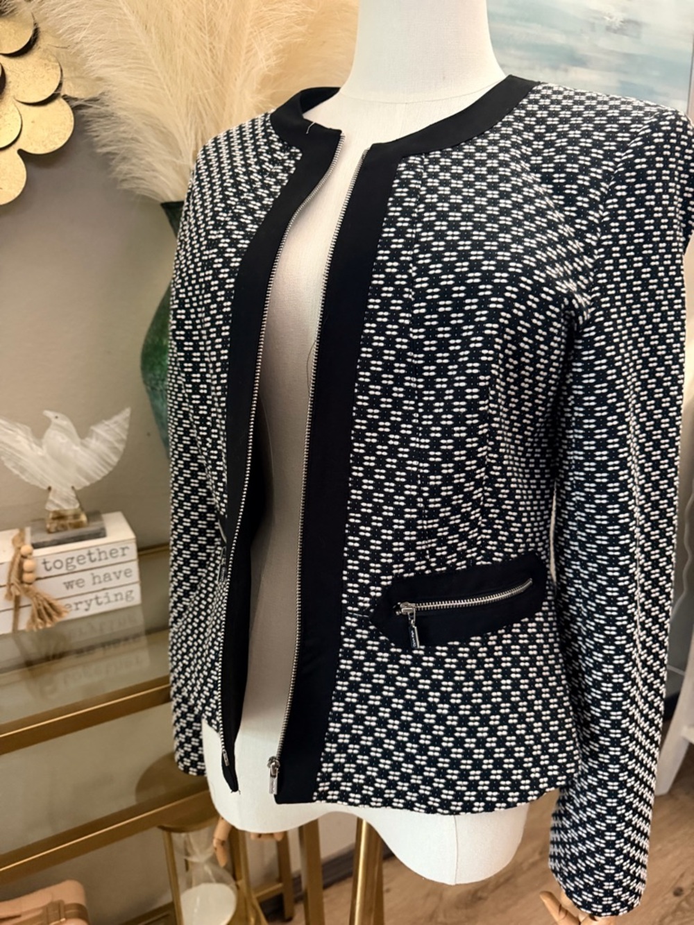 Calvin Klein Black & White Tweed Open-Front Blazer